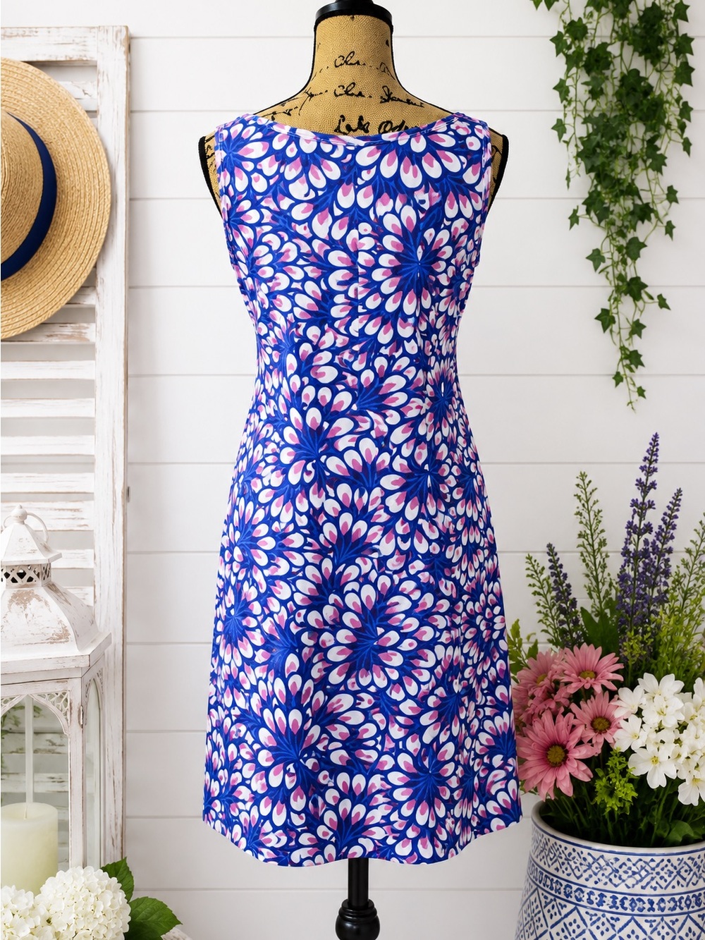 Before + Again Blue Pink Peacock Feather Sleeveless Shift Dress Women’s Large - Picture 4 of 5